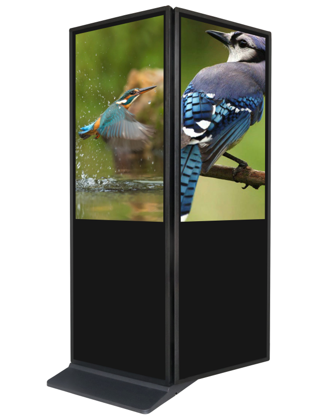 Die Abb. zeigt das Indoor LCD Digital Signage doppelseitig zum Aufstellen aufgeklappt in Schwarz (49 Zoll).