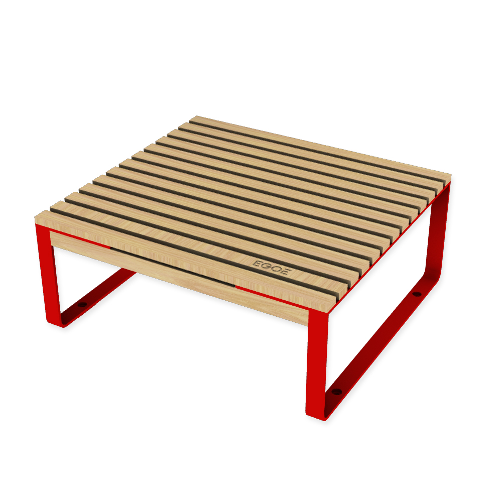 Die Abb. zeigt den EGOÉ Outdoor Lounge-Tisch I1 in Verkehrsrot (RAL 3020) mit Robinie Natur.