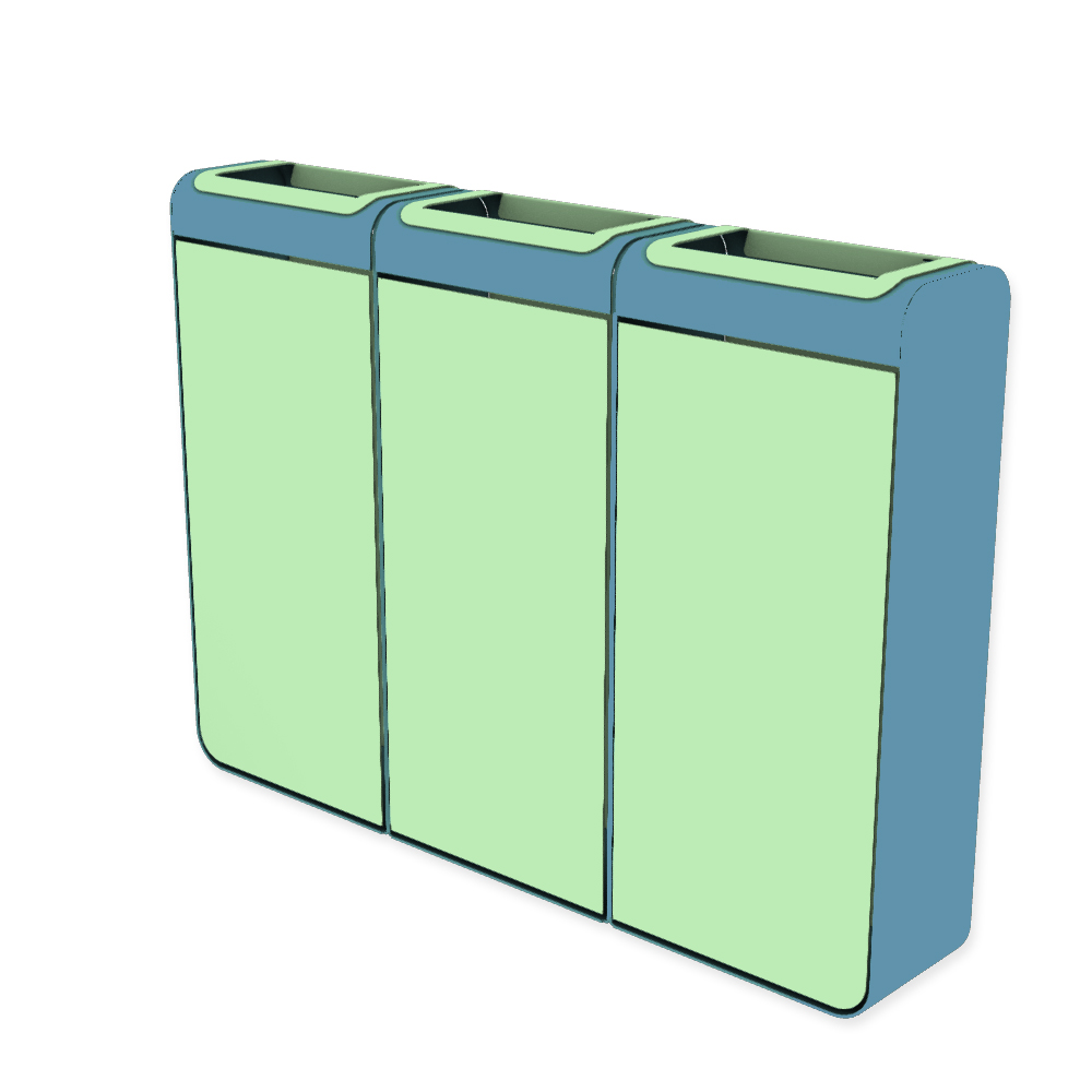 Die Abb. zeigt den EGOÉ Recycling Abfallbehälter I20 - 3x45 Liter mit Farbe Rahmen Pastellblau (RAL 5024) und Farbe Korpus Weißgrün (RAL 6019).