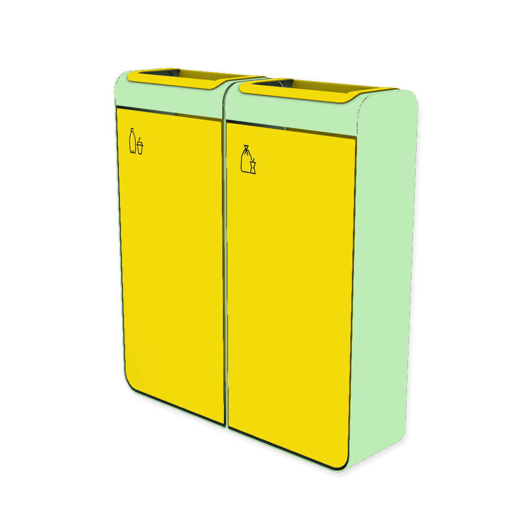Die Abb. zeigt den EGOÉ Recycling Abfallbehälter I20 - 2x45 Liter mit Piktogrammen Kunststoff-Restmüll,  Farbe Rahmen Weißgrün (RAL 6019) und Farbe Korpus Rapsgelb (RAL 1021).