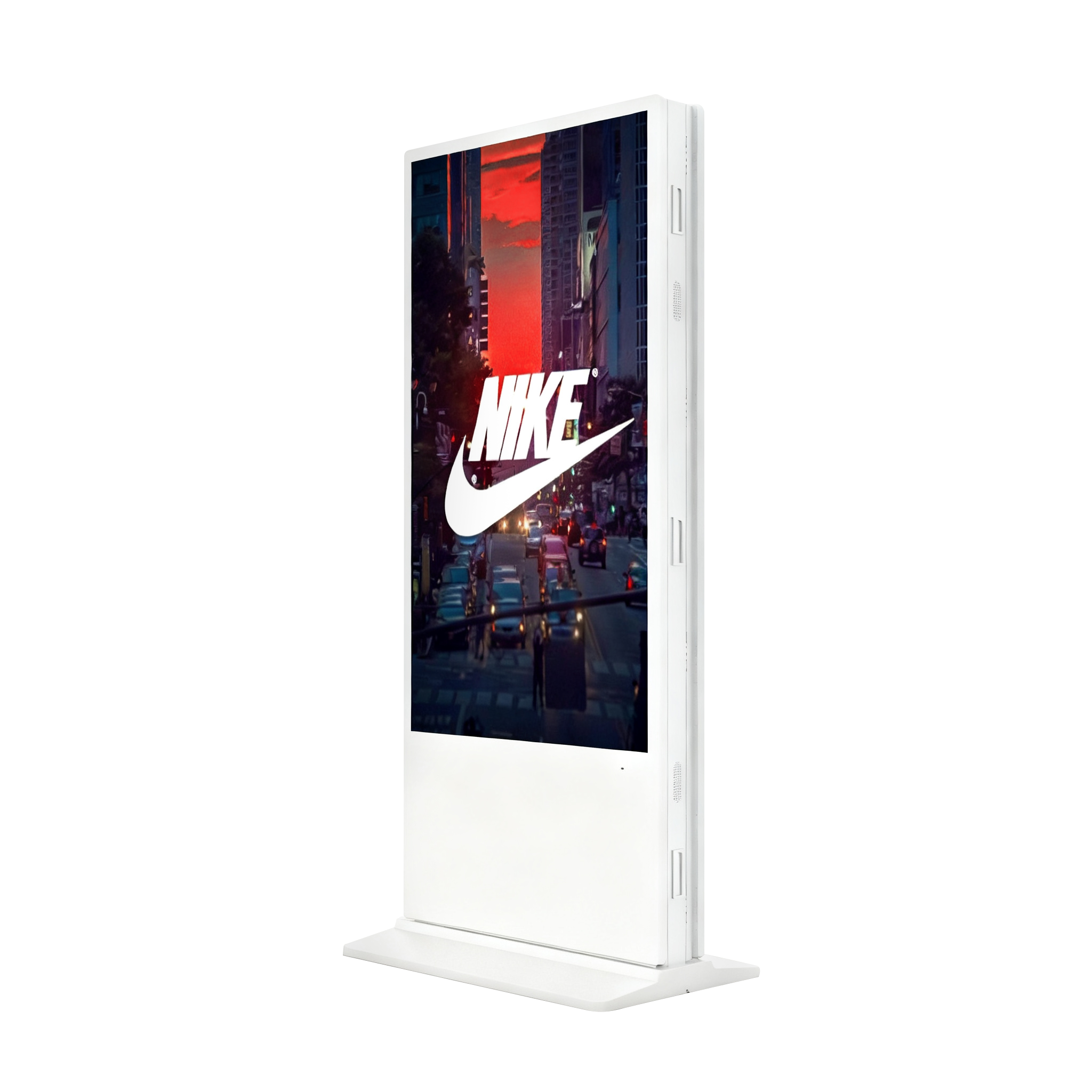 Die Abb. zeigt das Indoor LCD Digital Signage doppelseitig zum Aufstellen in Weiß (65 Zoll).