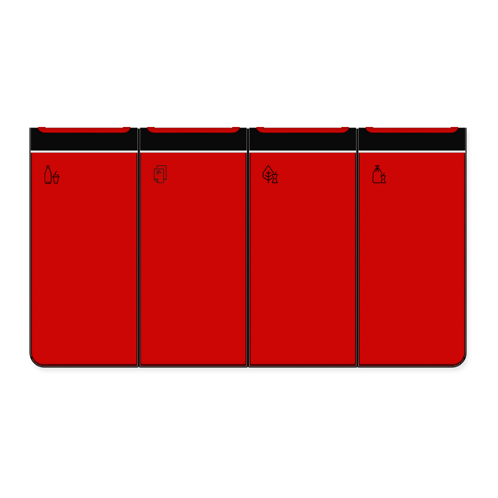 Die Abb. zeigt den EGOÉ Recycling Abfallbehälter I20 - 4x45 Liter mit Piktogrammen, Farbe Rahmen Tiefschwarz (RAL 9005) und Farbe Korpus Verkehrsrot (RAL 3020).