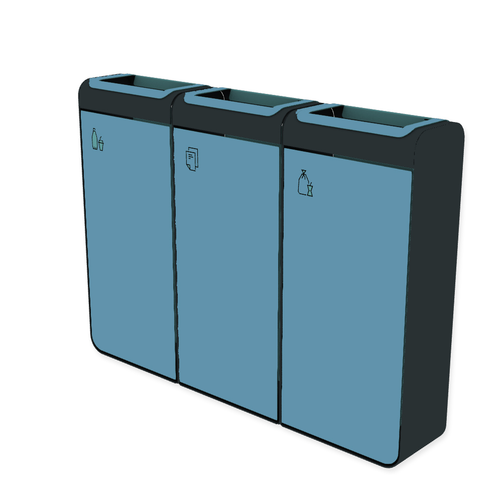 Die Abb. zeigt den EGOÉ Recycling Abfallbehälter I20 - 3x45 Liter mit Piktogrammen,  Farbe Rahmen Anthrazitgrau (RAL 7016) und Farbe Korpus Pastellblau (RAL 5024).