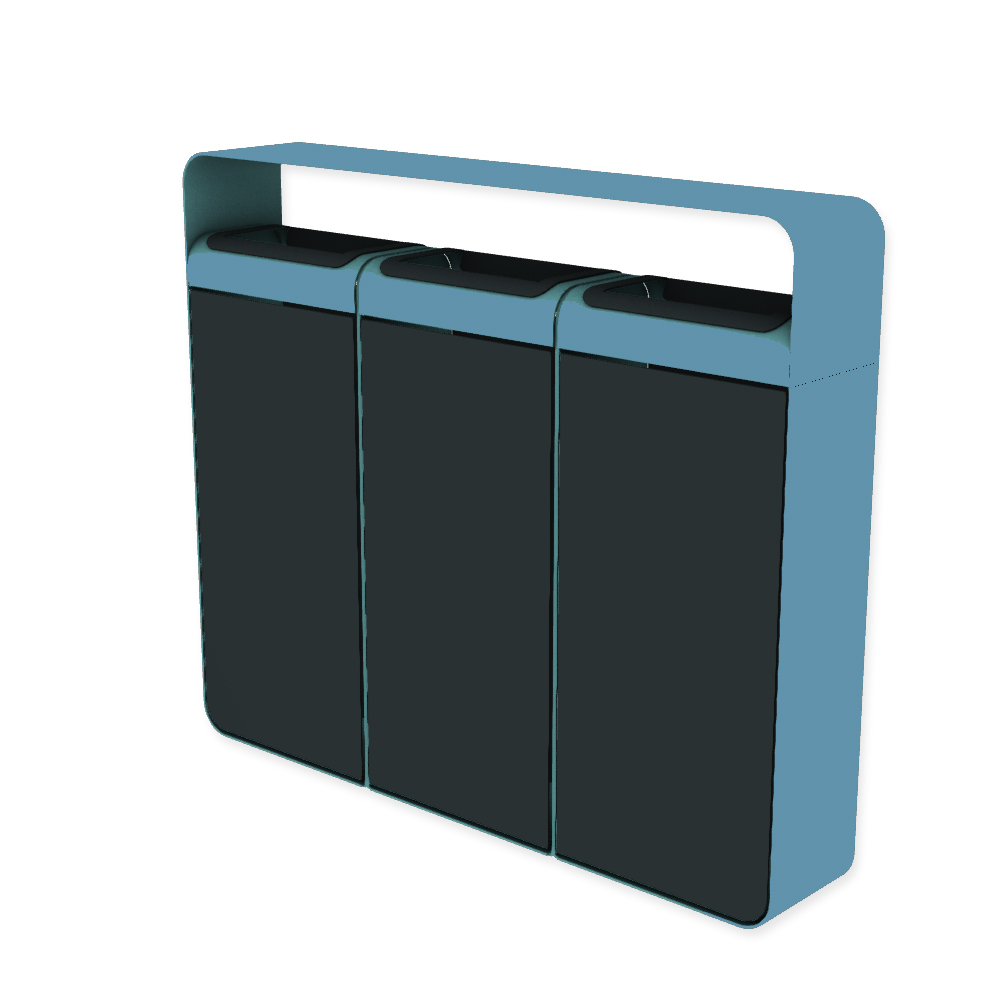 Die Abb. zeigt den EGOÉ Recycling Abfallbehälter I20 mit Dach - 3x45 Liter mit Farbe Rahmen Pastellblau (RAL 5024) und Farbe Korpus Anthrazitgrau (RAL 7016).