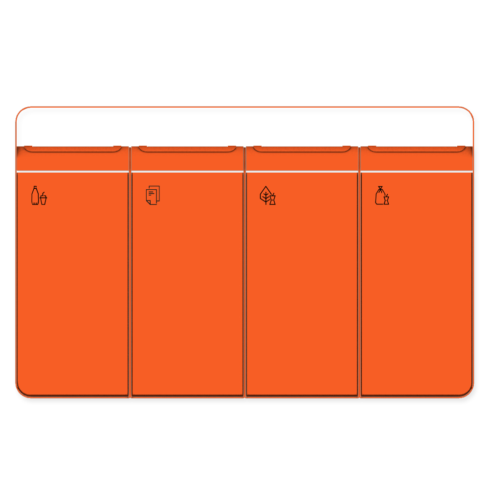 Die Abb. zeigt den EGOÉ Recycling Abfallbehälter I20 mit Piktogrammen, Dach - 4x45 Liter mit Piktogrammen, Farbe Rahmen Hellrotorange (RAL 2008) und Farbe Korpus Hellrotorange (RAL 2008).