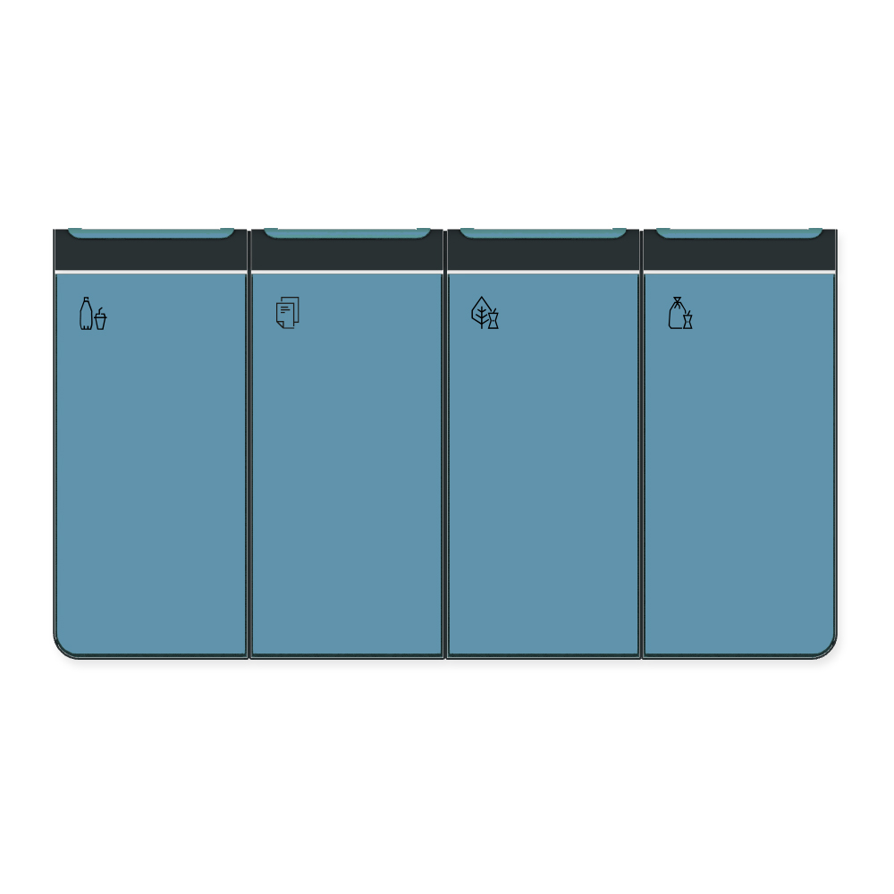 Die Abb. zeigt den EGOÉ Recycling Abfallbehälter I20 - 4x45 Liter mit Piktogrammen, Farbe Rahmen Anthrazitgrau (RAL 7016) und Farbe Korpus Pastellblau (RAL 5024).
