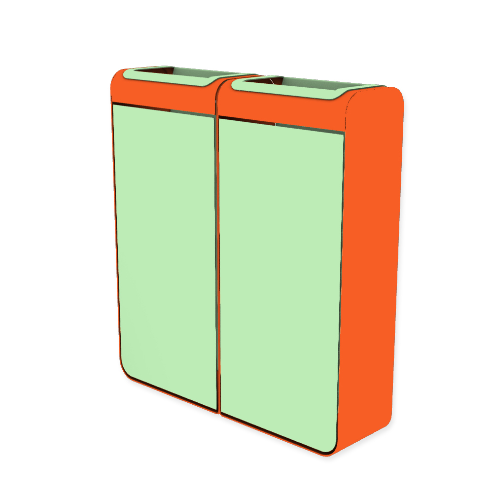 Die Abb. zeigt den EGOÉ Recycling Abfallbehälter I20 - 2x45 Liter mit Farbe Rahmen Hellrotorange (RAL 2008) und Farbe Korpus Weißgrün (RAL 6019).