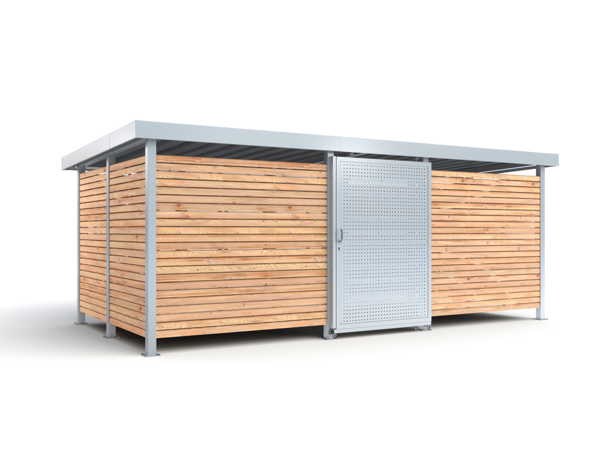 Die Abb. zeigt das RESORTI Fahrradhaus M4 mit Holzverkleidung und mit kleiner Schiebetür mit Lochblechverkleidung.