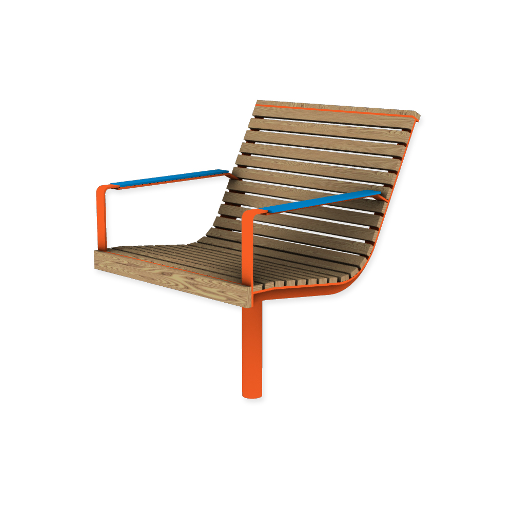 Die Abb. zeigt den EGOÉ Stuhl I1 auf einem Bein zum Einbetonieren in Hellrotorange (RAL 2008) mit HPL-Besatz Armlehnen in Blau (NT 0717) und Thermoesche Natur.