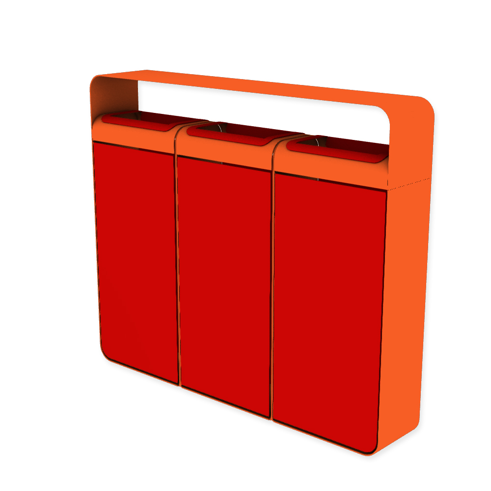Die Abb. zeigt den EGOÉ Recycling Abfallbehälter I20 mit Dach - 3x45 Liter mit Farbe Rahmen Hellrotorange (RAL 2008) und Farbe Korpus Verkehrsrot (RAL 3020).