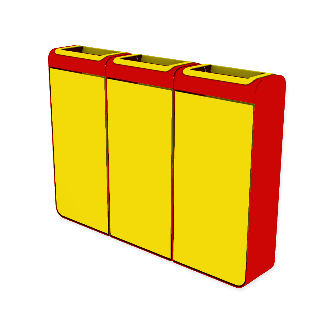Die Abb. zeigt den EGOÉ Recycling Abfallbehälter I20 - 3x45 Liter mit Farbe Rahmen Verkehrsrot (RAL 3020) und Farbe Korpus Rapsgelb (RAL 1021).