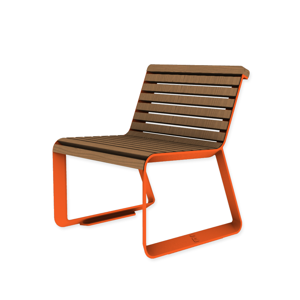 Die Abb. zeigt den EGOÉ Stuhl I2 profiliertes Aluminiumgestell in Hellrotorange (RAL 2008) mit Jatoba Natur.