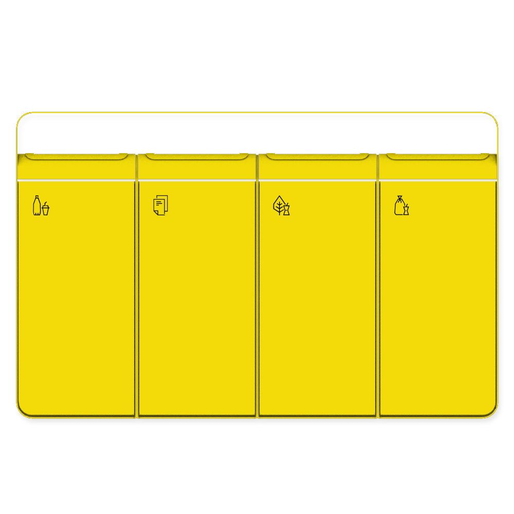 Die Abb. zeigt den EGOÉ Recycling Abfallbehälter I20 mit Piktogrammen, Dach - 4x45 Liter mit Piktogrammen, Farbe Rahmen Rapsgelb (RAL 1021) und Farbe Korpus Rapsgelb (RAL 1021).