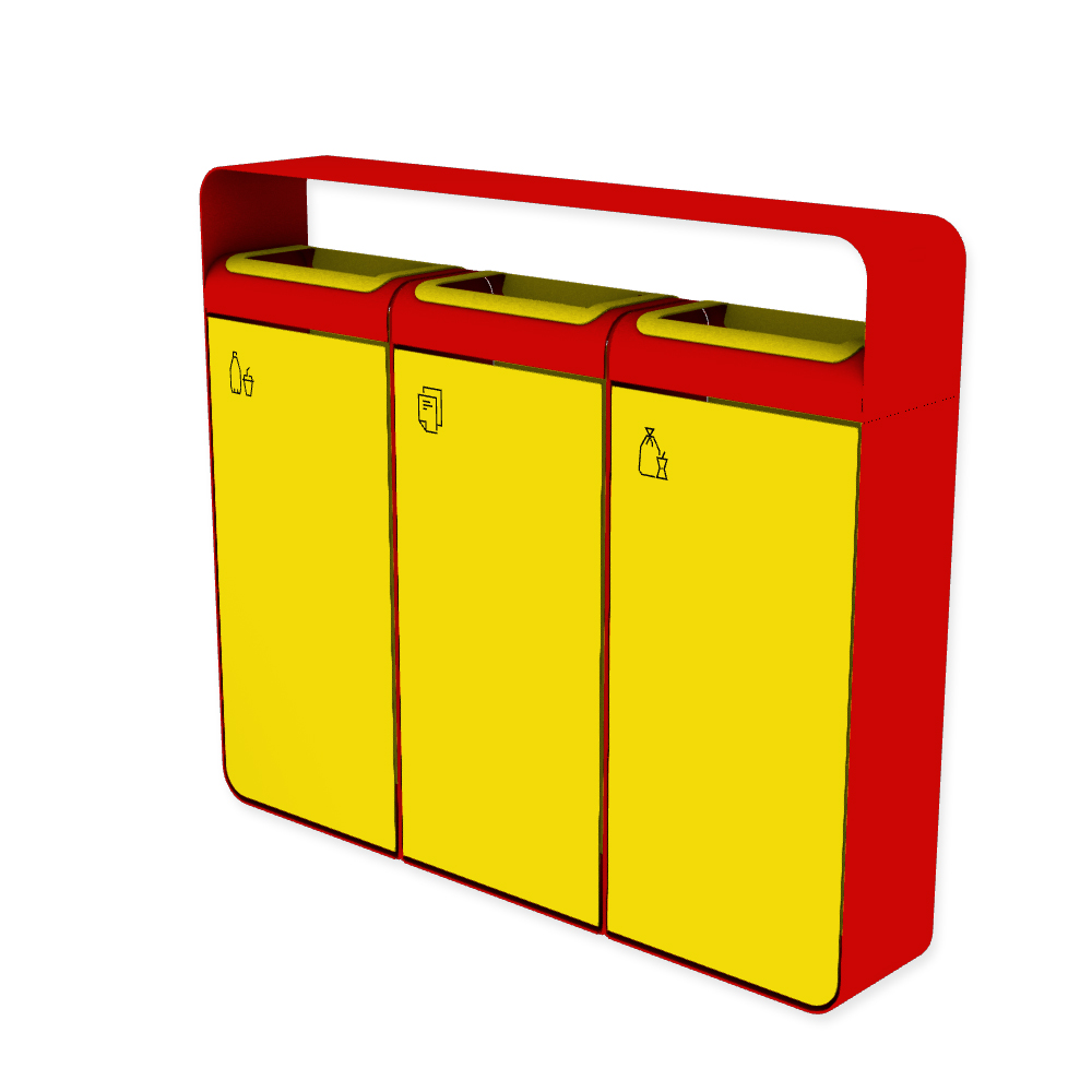 Die Abb. zeigt den EGOÉ Recycling Abfallbehälter I20 mit Piktogrammen,  Dach - 3x45 Liter mit Piktogrammen,  Farbe Rahmen Verkehrsrot (RAL 3020) und Farbe Korpus Rapsgelb (RAL 1021).