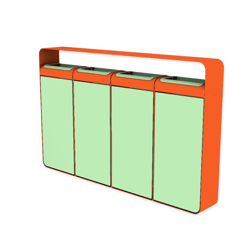 Die Abb. zeigt den EGOÉ Recycling Abfallbehälter I20 mit Dach - 4x45 Liter mit Farbe Rahmen Hellrotorange (RAL 2008) und Farbe Korpus Weißgrün (RAL 6019).