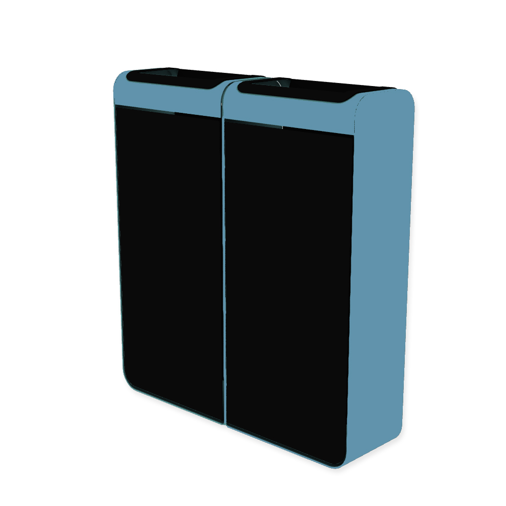 Die Abb. zeigt den EGOÉ Recycling Abfallbehälter I20 - 2x45 Liter mit Piktogrammen Kunststoff-Restmüll,  Farbe Rahmen Pastellblau (RAL 5024) und Farbe Korpus Tiefschwarz (RAL 9005).