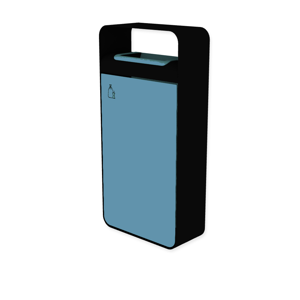 Die Abb. zeigt den EGOÉ Abfallbehälter I20 mit Piktogramm Restmüll, Dach - 60 Liter mit Piktogramm Restmüll, Farbe Rahmen Tiefschwarz (RAL 9005) und Farbe Korpus Pastellblau (RAL 5024).
