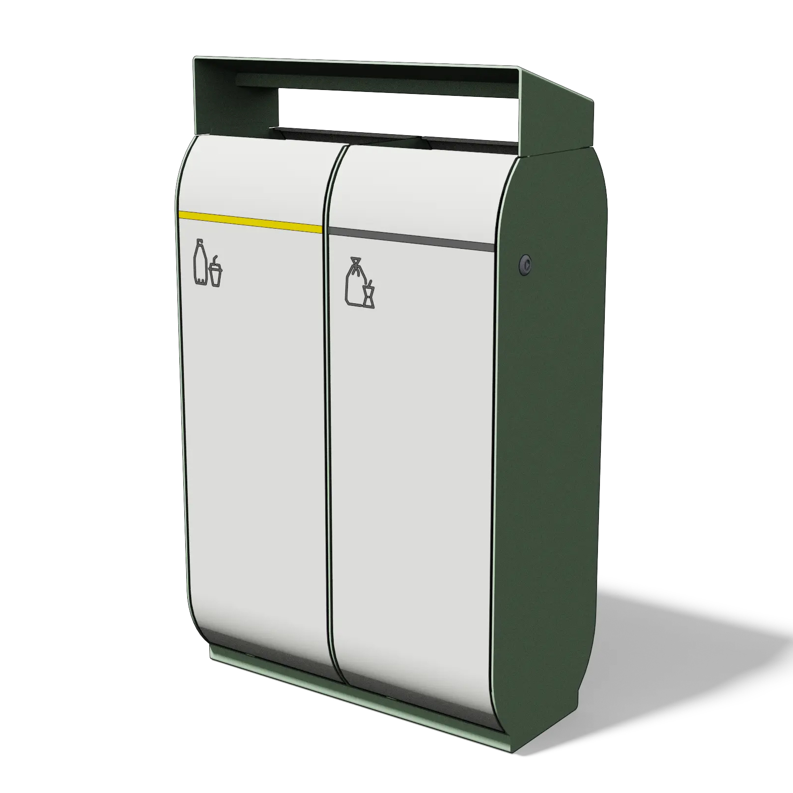 Die Abb. zeigt den 3er Recycling-Abfallbehälter O20 in einer Beispiel Farbkombination mit Piktogrammen und Farbstreifen für Kunststoff und Restmüll.