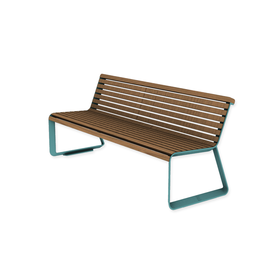 Die Abb. zeigt die EGOÉ Bank I2 profiliertes Aluminiumgestell in Pastellblau (RAL 5024) mit Jatoba Natur.