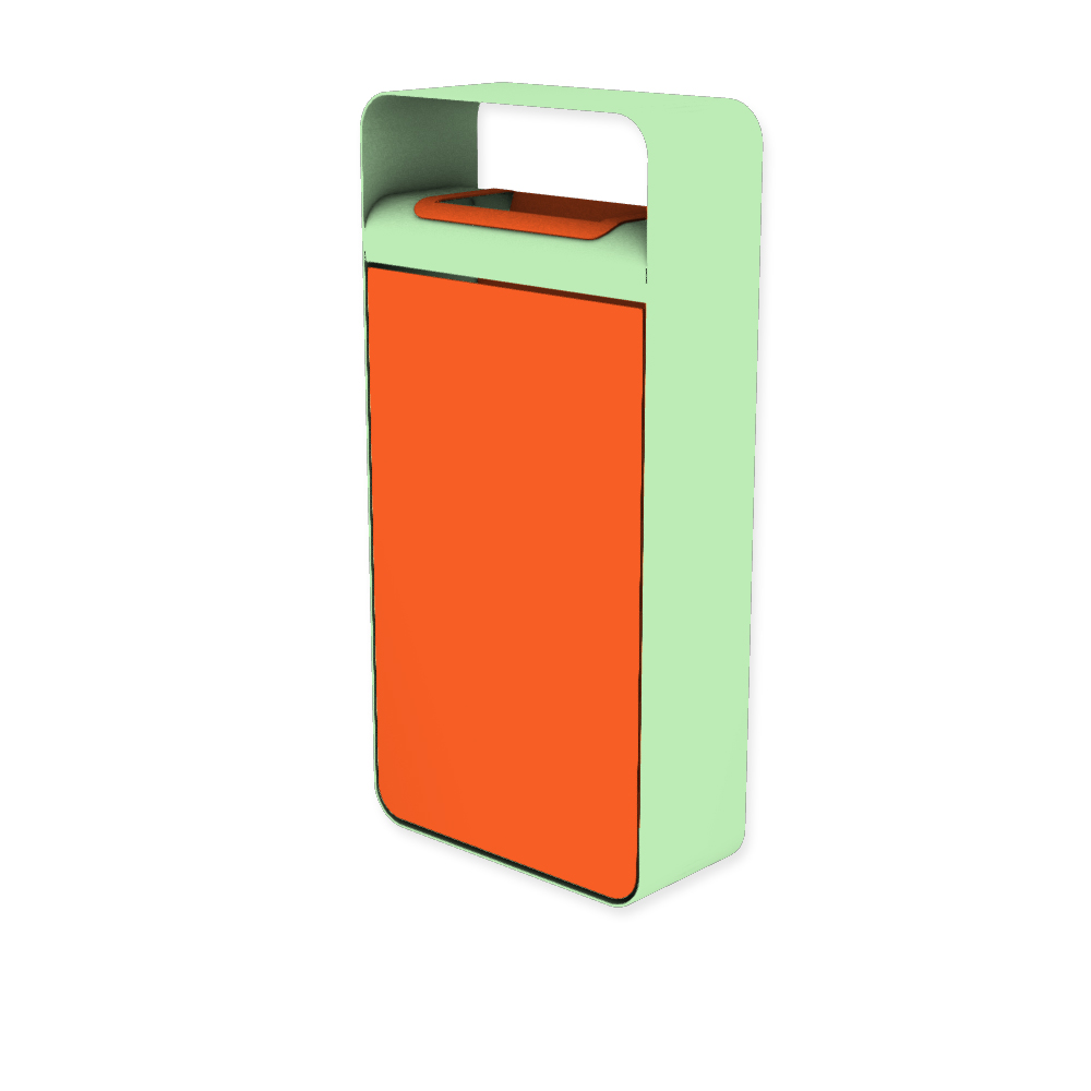 Die Abb. zeigt den EGOÉ Abfallbehälter I20 mit Dach - 60 Liter mit Farbe Rahmen Weißgrün (RAL 6019) und Farbe Korpus Hellrotorange (RAL 2008).