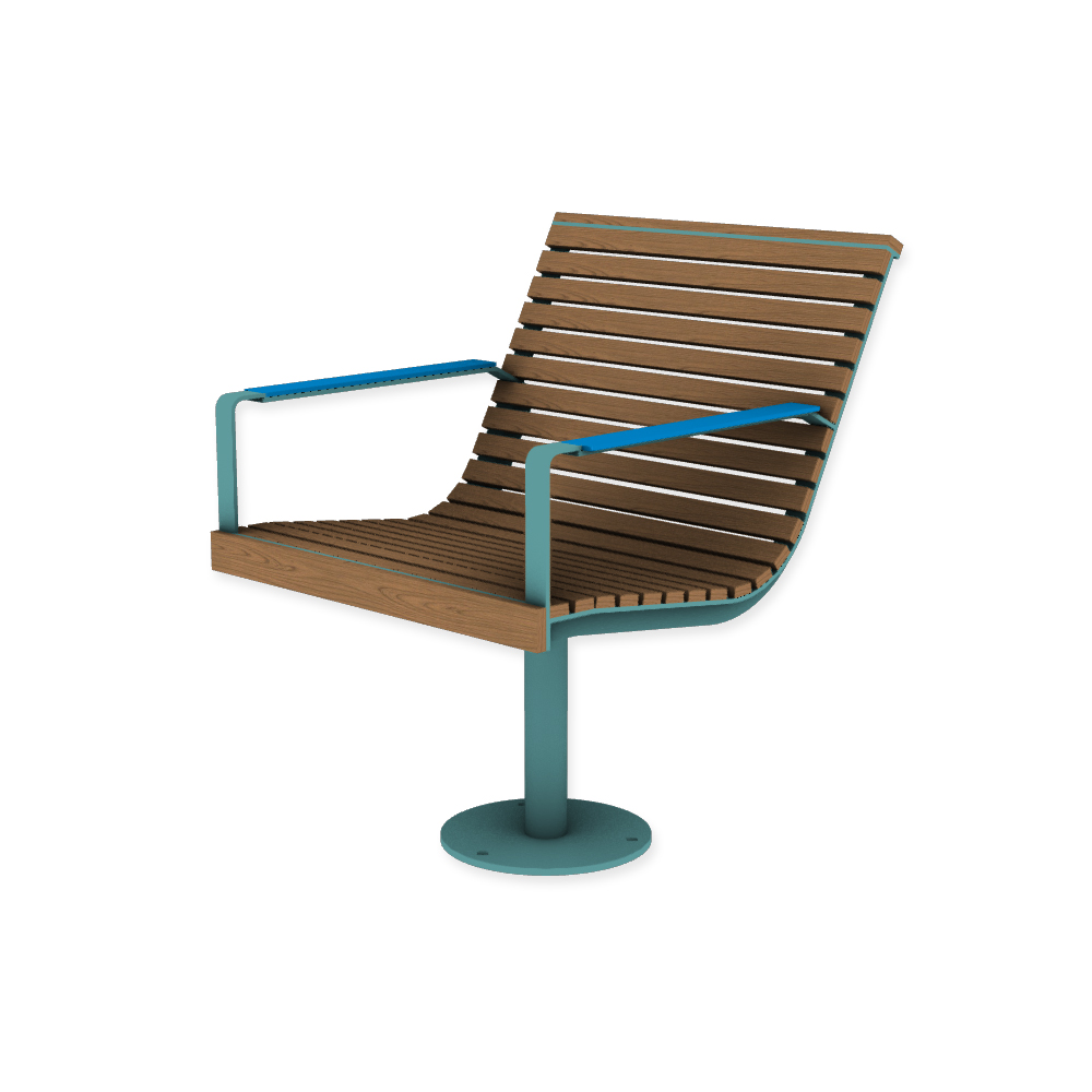 Die Abb. zeigt den EGOÉ Stuhl I1 auf einem Bein zum Aufschrauben in Pastellblau (RAL 5024) mit HPL-Besatz Armlehnen in Blau (NT 0717) und Jatoba Natur.