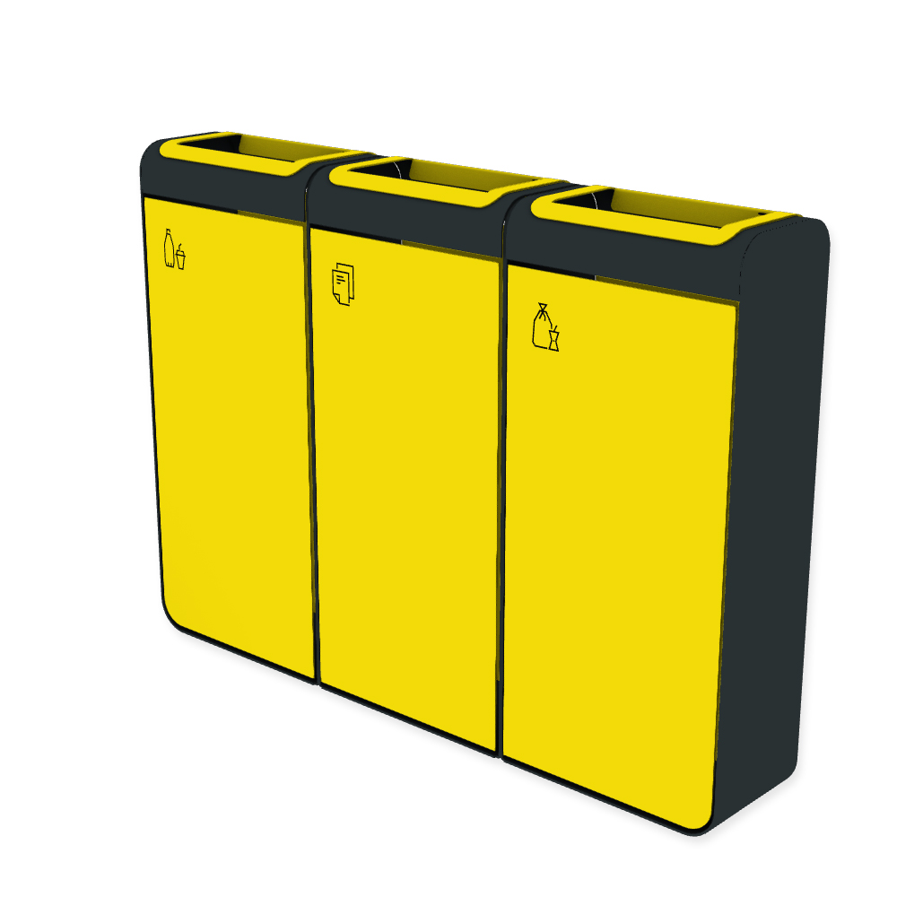 Die Abb. zeigt den EGOÉ Recycling Abfallbehälter I20 - 3x45 Liter mit Piktogrammen,  Farbe Rahmen Anthrazitgrau (RAL 7016) und Farbe Korpus Rapsgelb (RAL 1021).
