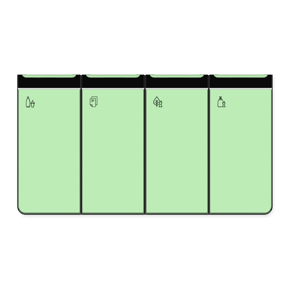 Die Abb. zeigt den EGOÉ Recycling Abfallbehälter I20 - 4x45 Liter mit Piktogrammen, Farbe Rahmen Tiefschwarz (RAL 9005) und Farbe Korpus Weißgrün (RAL 6019).