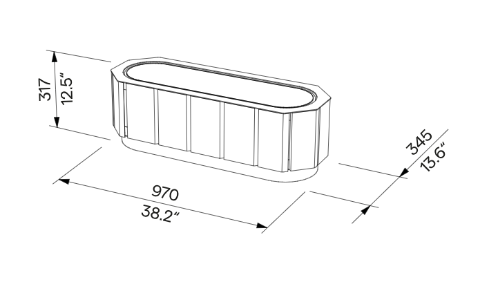 Die Abb. zeigt die technischen Daten des EGOÉ Pflanzkübels A30 aus Holz oval, 45 Liter.