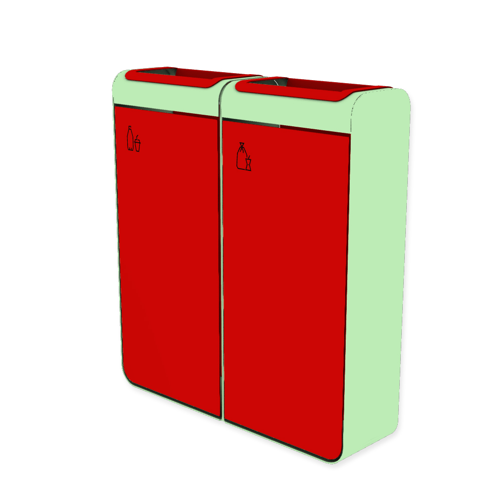 Die Abb. zeigt den EGOÉ Recycling Abfallbehälter I20 - 2x45 Liter mit Piktogrammen Kunststoff-Restmüll,  Farbe Rahmen Weißgrün (RAL 6019) und Farbe Korpus Verkehrsrot (RAL 3020).