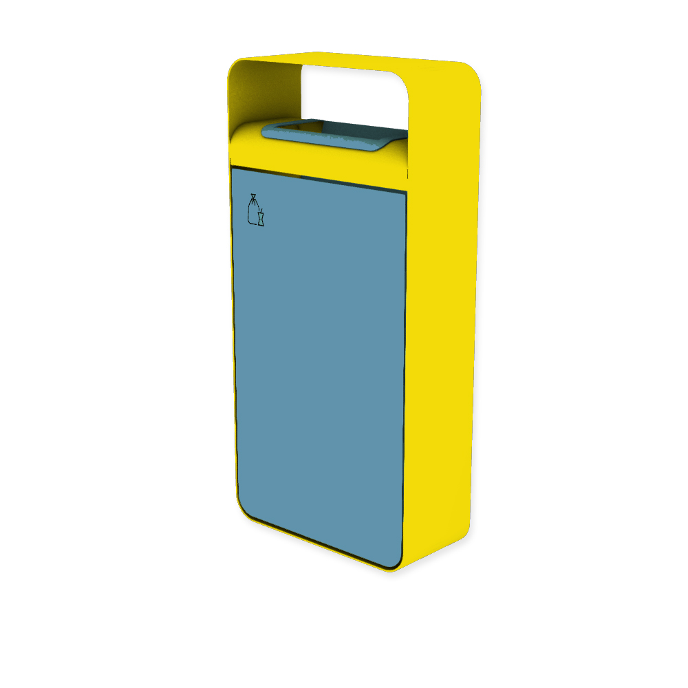Die Abb. zeigt den EGOÉ Abfallbehälter I20 mit Piktogramm Restmüll, Dach - 60 Liter mit Piktogramm Restmüll, Farbe Rahmen Rapsgelb (RAL 1021) und Farbe Korpus Pastellblau (RAL 5024).