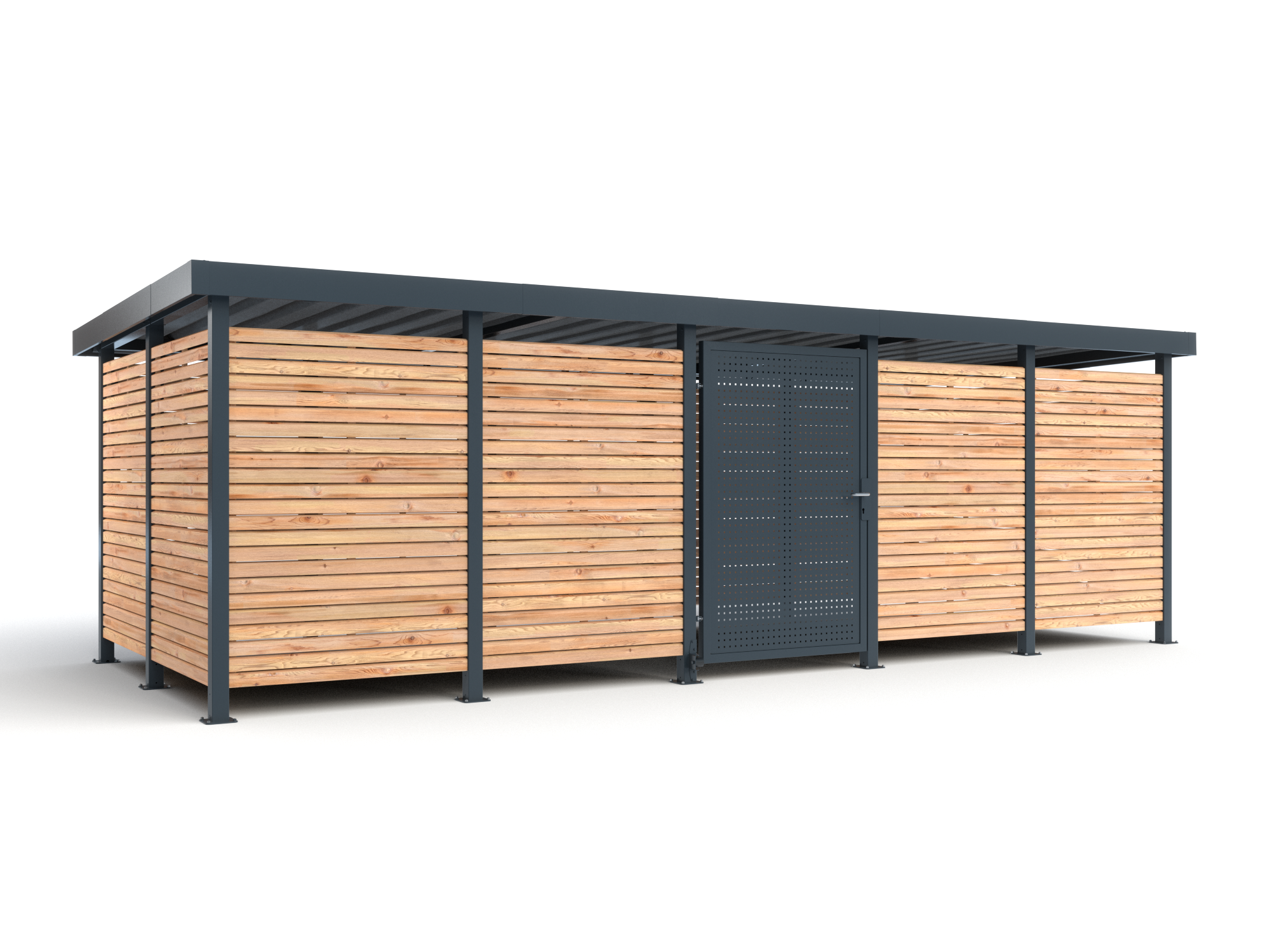 Die Abb. zeigt das RESORTI Fahrradhaus M5 mit Holzverkleidung und mit Tür mit Lochblechverkleidung.