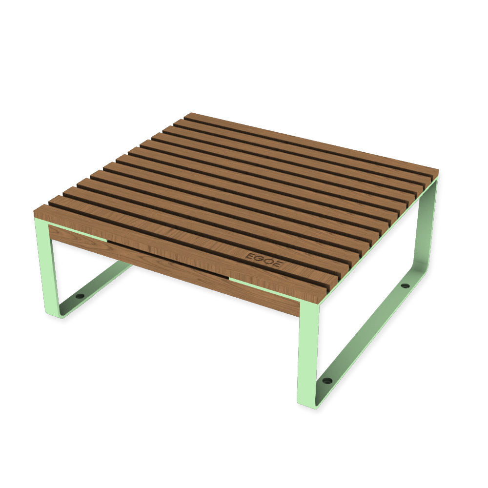 Die Abb. zeigt den EGOÉ Outdoor Lounge-Tisch I1 in Weißgrün (RAL 6019) mit Jatoba Natur.