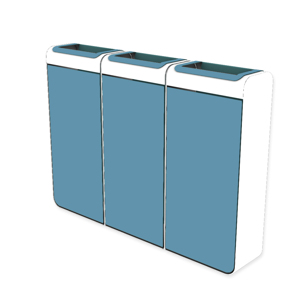 Die Abb. zeigt den EGOÉ Recycling Abfallbehälter I20 - 3x45 Liter mit Farbe Rahmen Reinweiß (RAL 9010) und Farbe Korpus Pastellblau (RAL 5024).