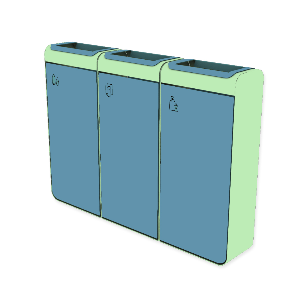 Die Abb. zeigt den EGOÉ Recycling Abfallbehälter I20 - 3x45 Liter mit Piktogrammen,  Farbe Rahmen Weißgrün (RAL 6019) und Farbe Korpus Pastellblau (RAL 5024).