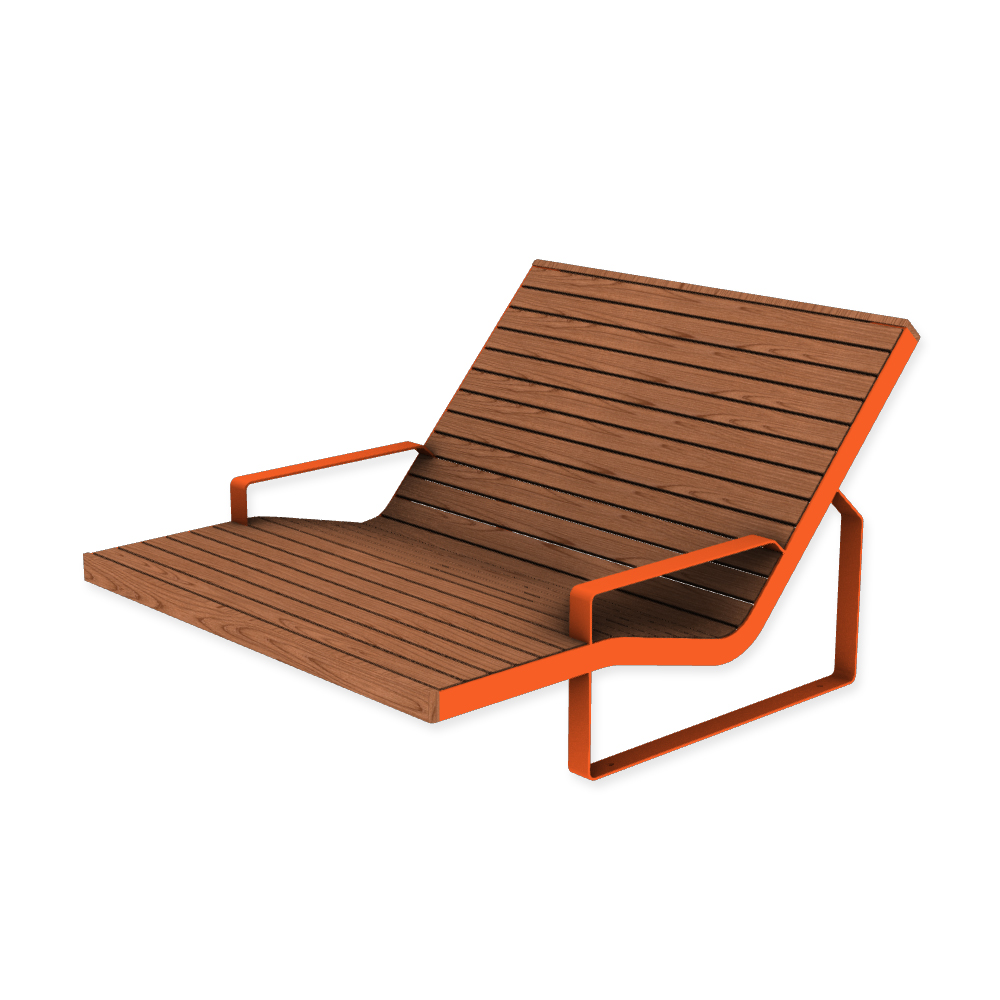 Die Abb. zeigt den EGOÉ Doppel-Liegestuhl I1 mit beidseitiger Armlehne in Hellrotorange (RAL 2008) mit Jatoba geölt.