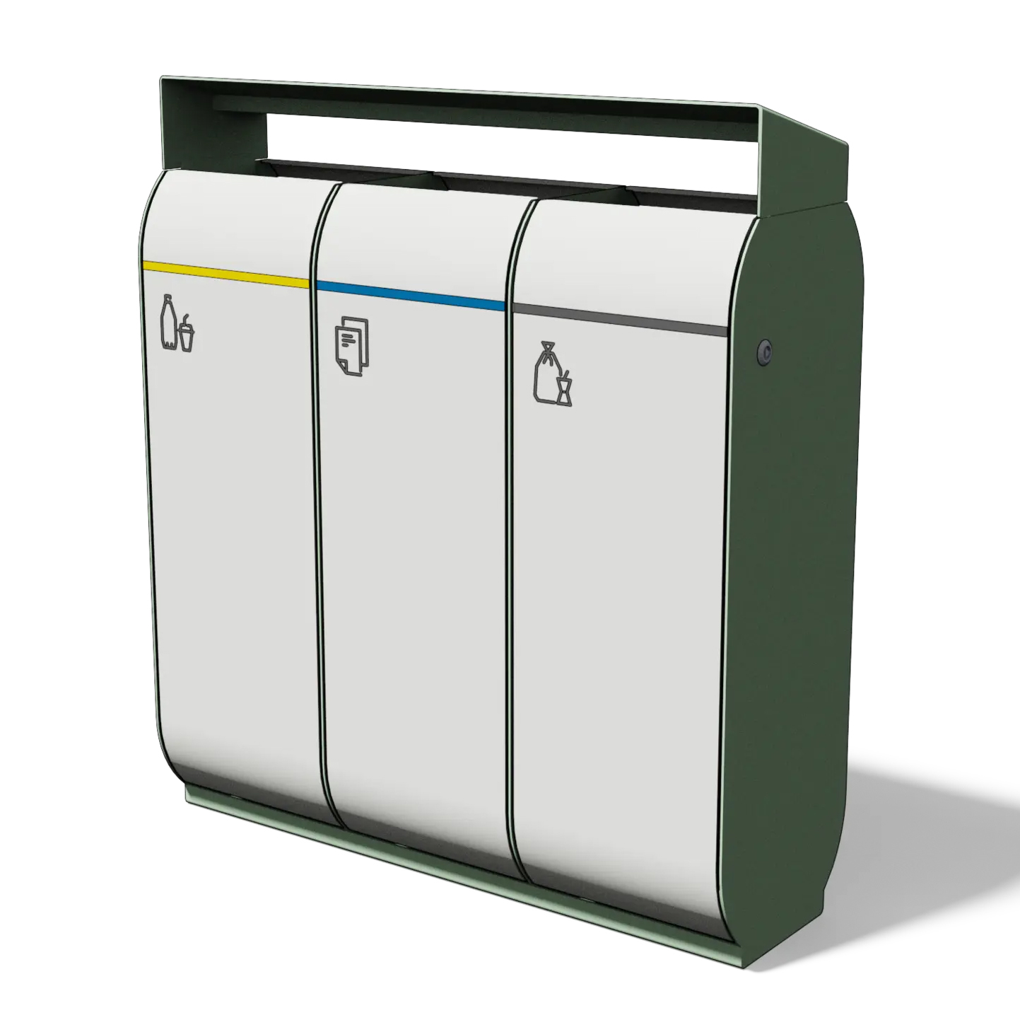 Die Abb. zeigt den 3er Recycling-Abfallbehälter O20 in einer Beispiel Farbkombination mit Piktogrammen für Kunststoff, Papier und Restmüll mit Farbstreifen.