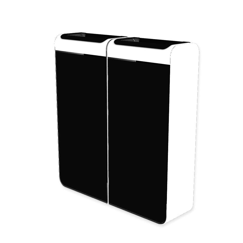Die Abb. zeigt den EGOÉ Recycling Abfallbehälter I20 - 2x45 Liter mit Farbe Rahmen Reinweiß (RAL 9010) und Farbe Korpus Tiefschwarz (RAL 9005).