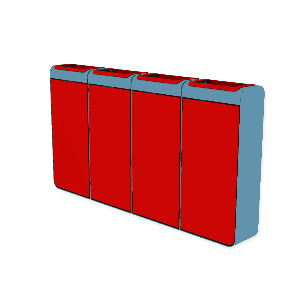 Die Abb. zeigt den EGOÉ Recycling Abfallbehälter I20 - 4x45 Liter mit Farbe Rahmen Pastellblau (RAL 5024) und Farbe Korpus Verkehrsrot (RAL 3020).