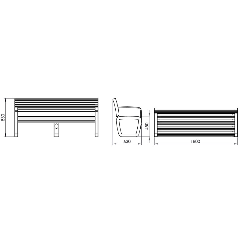 Die Abb. zeigt die Maßskizze der Parkbank Tauko mit Smart-Modul mit Armlehnen als 4-Sitzer.
