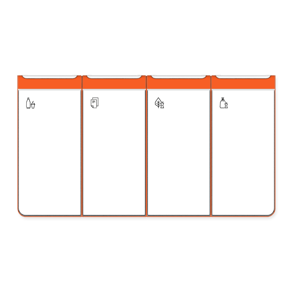 Die Abb. zeigt den EGOÉ Recycling Abfallbehälter I20 - 4x45 Liter mit Piktogrammen, Farbe Rahmen Hellrotorange (RAL 2008) und Farbe Korpus Reinweiß (RAL 9010).